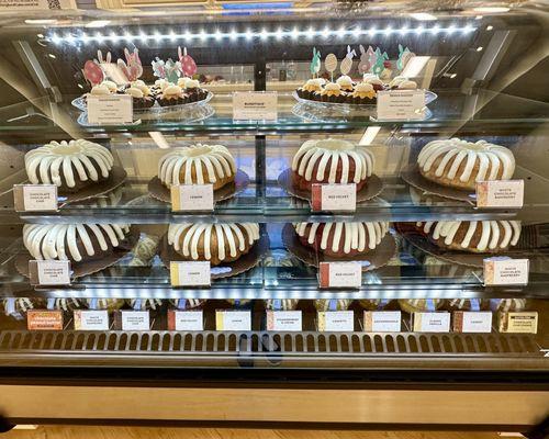 Display case of bundt cakes