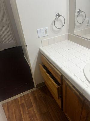 Move in ready bathroom with clear water damage to the cabinets and a disgusting doorway/counter top