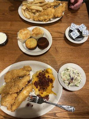 Friday fish fry - loaded hash brown casserole, coleslaw, steak fries