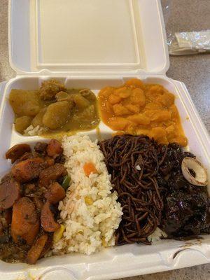 Top L- clockwise:  Curry potato and tofu, lima beans, bbq tofu, lo mein, fried rice and carrot/tofu