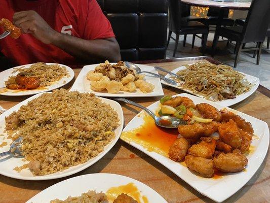 Chicken Chow Mein, walnut shrimp, Sweet And Sour Chicken and chicken fried rice