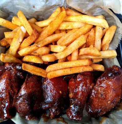 Five piece wings with honey drip sauce and fries $10