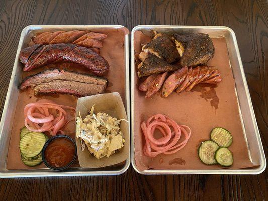 Smoked chicken, alligator sausage, house sausage,  brisket, pickled onions, pickles, southwestern coleslaw, & bbq sauce.