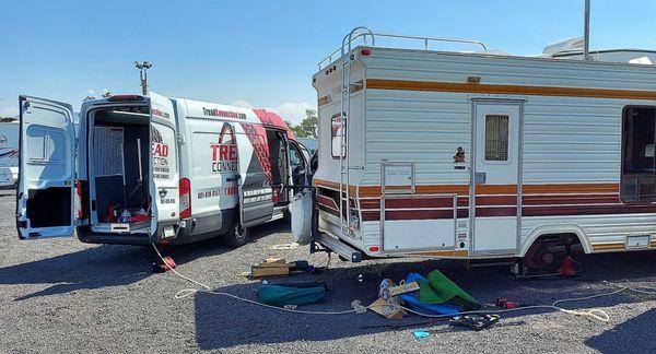 On-site RV, ATV, OHV tire and wheel service. This classic motorhome hit the road with new treads!