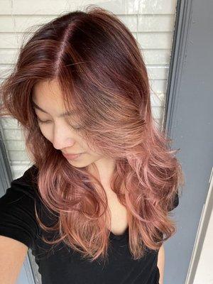 Dark red / Rose gold balayage on layered hair