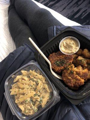 Garlic lovers pasta (SO WORTH THE BREATH) and chickpea fritters pictured.