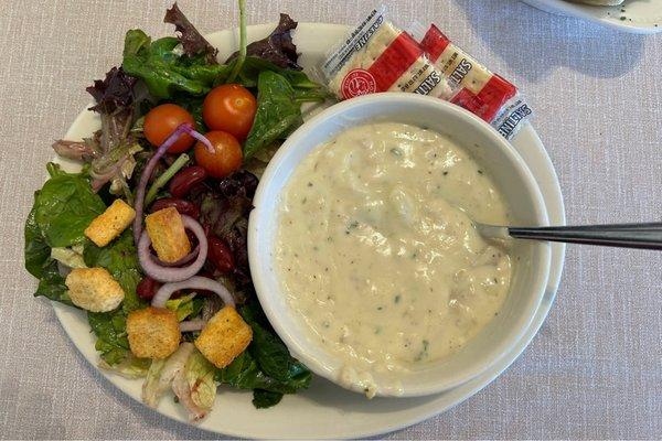 Salad and clam chowder.