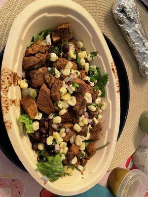 salad was just ok, better luck next time... Steak & chips kinda tough yesterday. Needs more lettuce. Side tortilla had hard edges.