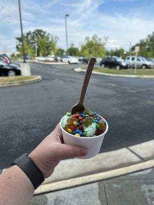 Mint chocolate chip ice cream with gummy bears and m&ms