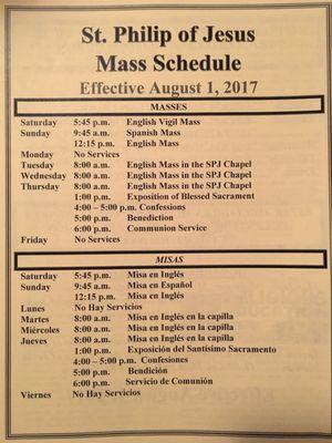 New St Philip of Jesus Mass Schedule as of August 1, 2017