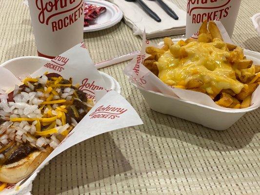 Chili cheese dog and cheesy fries