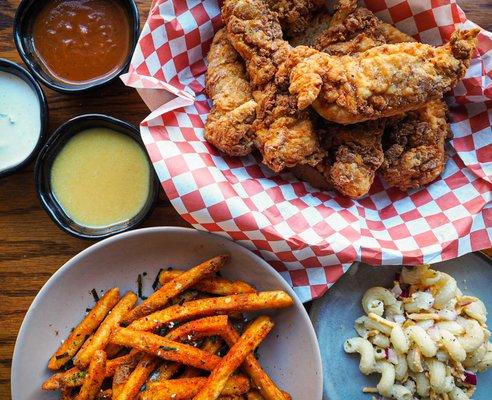 Chicken Tenders with Spicy Fries and Macaroni Salad