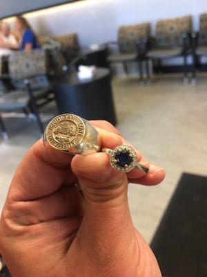 Custom sapphire engagement ring with a diamond halo for her and a custom MSU piece as an 8 year late graduation gift for myself!