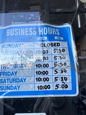 Current business hours as of 3/26/2023.