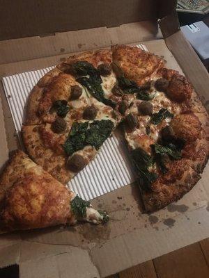 Burned ( not pan )pizza with maybe some cheese 5 leafs of spinach & 7 1/2 meatballs