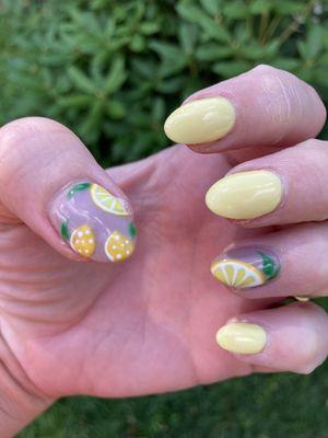 Dip nails with nail art by Ivy.