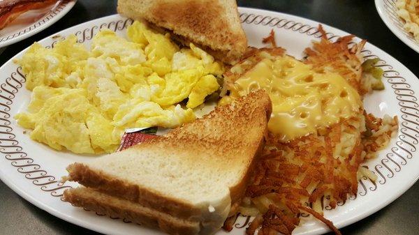 Hash browns eggs and toast