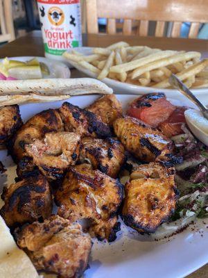 Chicken breast Kebob with fries and yogurt drink