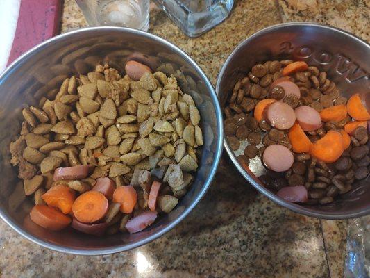 Yummy looking dog food with chicken sausage, carrots & olive oil.