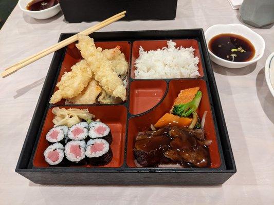 Lunch box special, tuna roll, beef teriyaki, shrimp tempura