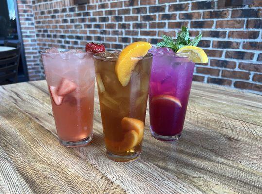 Try our delicious mocktails: Strawberry Lemonade, Peach Tea, and Desert Pear Lemonade.