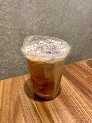 Lavender cold brew with half & half, whip cream & sprinkles 10/10-