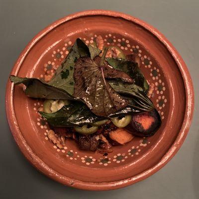 Beef Tongue, Smoked Sweet Potato, Sweet Potato Greens, Salsa Macha ($28)