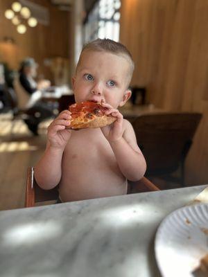 Pepperoni pizza (sorry he's shirtless, I spend so much money on stain remover, I had to save the shirt )