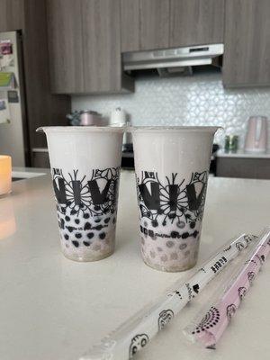 Taro milk tea with pearls and yogurt popping boba