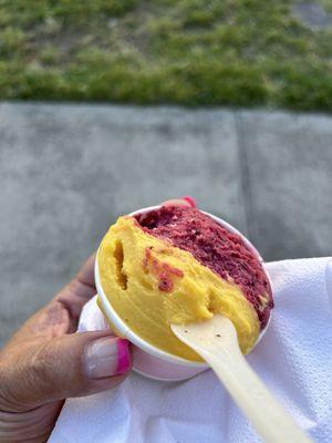 Half mango sorbet / half mixed berry