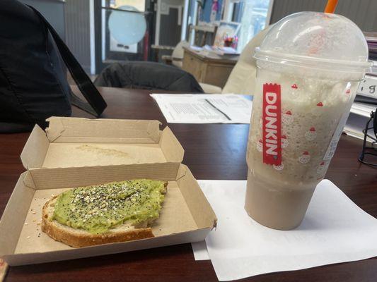 Avocado toast with French vanilla chai, frozen with whipped cream latte.