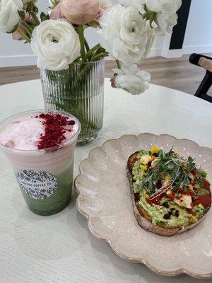 spicy avocado + smashed egg toast & pink cloud matcha