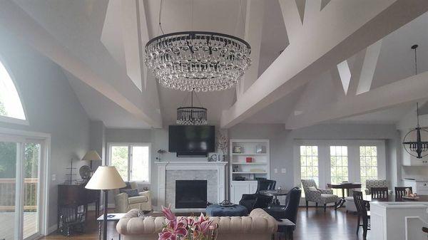 Whole home remodel-Family Room chandelier. Trust the professionals to hang your fixtures safely and securely.