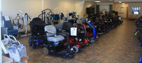 A wide selection of chairs and scooters for rent or for sale.