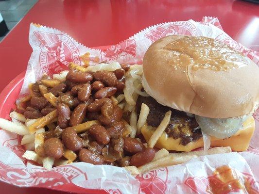 Cheeseburger with grilled onions and chili fries. YUM!