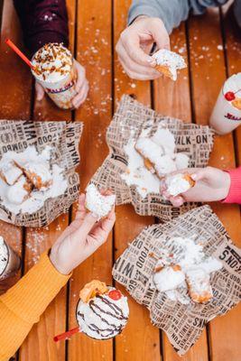 Desserts include beignets and milkshakes