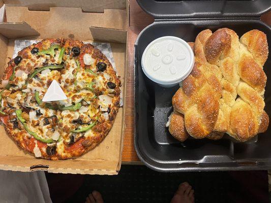 Small Combo pizza and Breadsticks w/ Ranch.