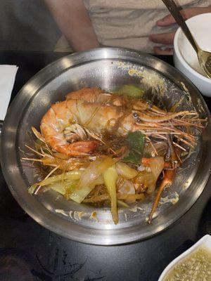 Jumbo shrimp in clay pot