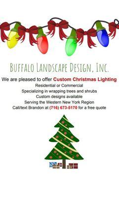 Offering Custom Christmas lighting services in the WNY area. Please give us a call/text at 716-673-5170 for a quote. Happy Holidays!