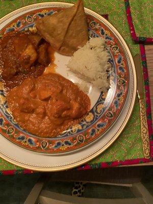 Lamb Vindaloo and chicken tikka masala, vegetable samosa, all were delicious!