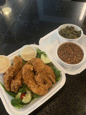 House salad with chicken. White French dressing black eyed peas and greens.