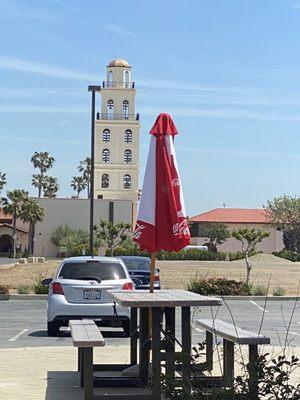 Outdoor seating next to Starbucks