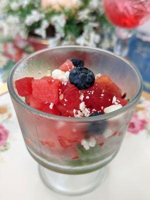 The second course was a watermelon pasta salad with feta and blueberries. They made ours gluten free by omitting the pasta.