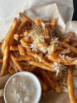 Small order of fries, garlic and Parmesan added, side of ranch