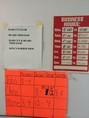 Hours, price, and barber schedule for Chris, John, and Morrie.