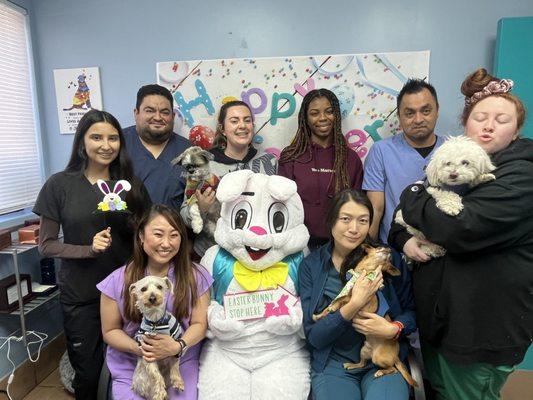 THE EASTER BUNNY STOPPING BY TO SAY HI TO THE TORRANCE STAFF BEOFRE PHOTOS WITH THE PETS