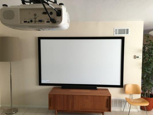 View to screen. HDMI and power outlets are hidden behind the credenza.