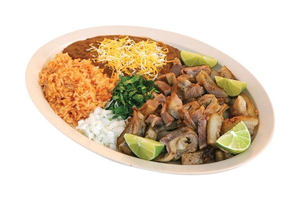 House special, Carnitas! Chose from up to 10 different meats or mix and match to your liking. Enjoy with rice, beans and tortillas.