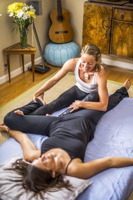 Thai massage uses hands and feet to give a stretch, pressure and release combined!