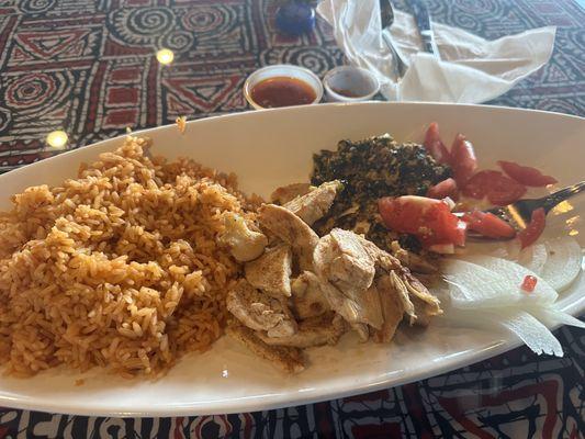 Jollof Rice with Chicken Suya and Egunsi.